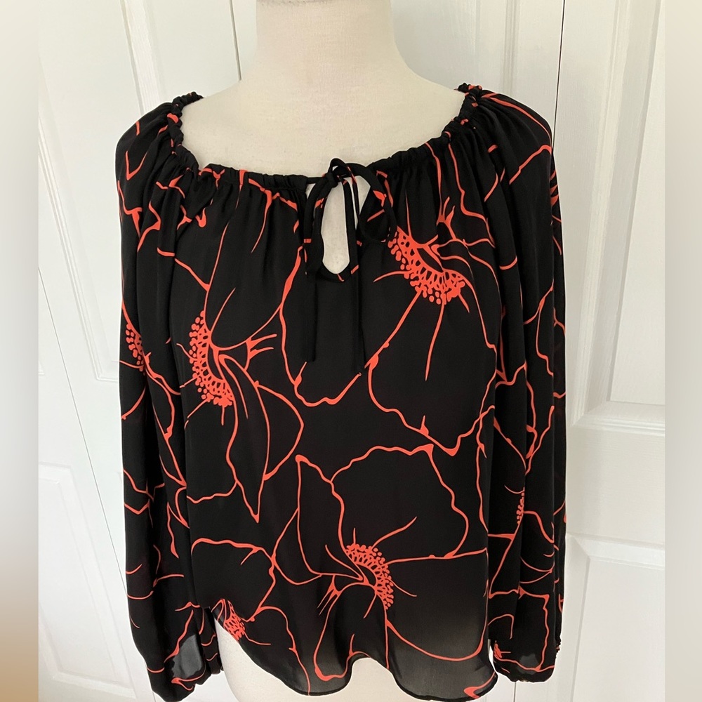 Parker 100% Silk Black/Orange Floral Print Peasant Blouse XS